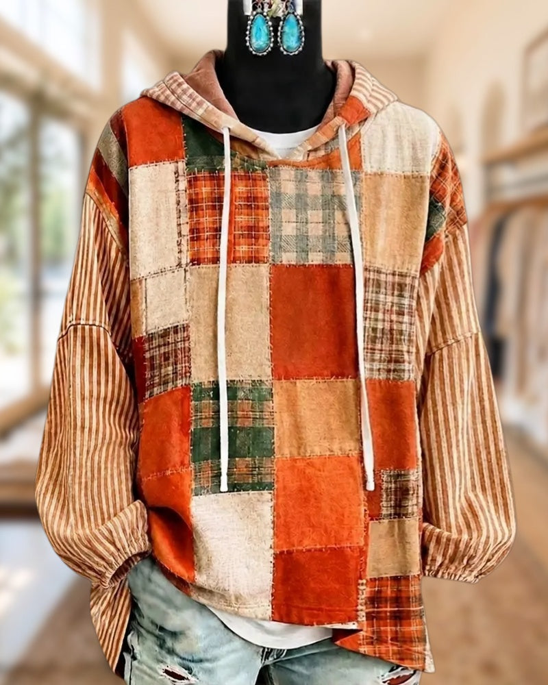 Patchwork Long Sleeve Cozy Drawstring Hooded Top