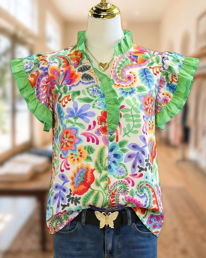 Paisley Print Glamorous Ruffle Sleeve Button Up Blouse