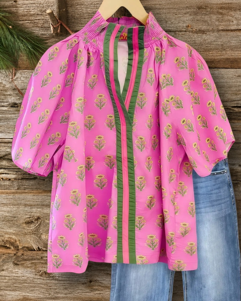 Patchwork Floral Print On-trend V Neck T-Shirt