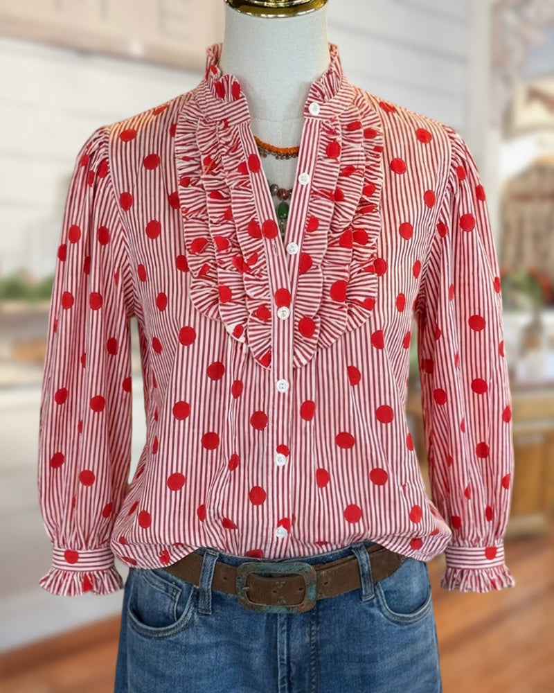 Ruffled Placket Striped Polka Dot Buttoned Long Sleeve Blouse