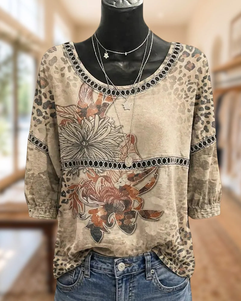 Floral & Leopard Print Lace Trim 3/4 Sleeve Casual Blouse