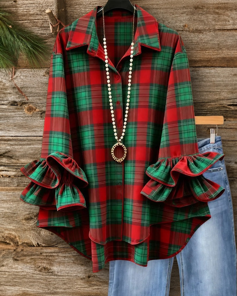 Plaid Velvet Smart Ruffle Sleeve Button Up Blouse