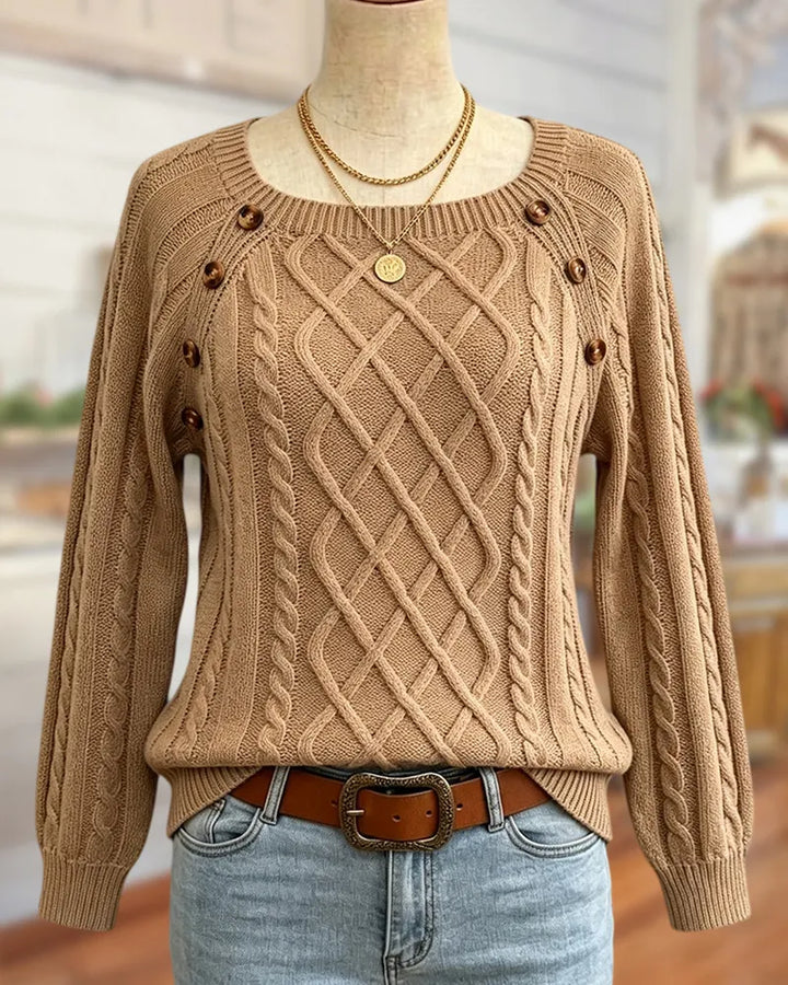 Cable Knit Square Neck Button Decor Long Sleeve Sweater