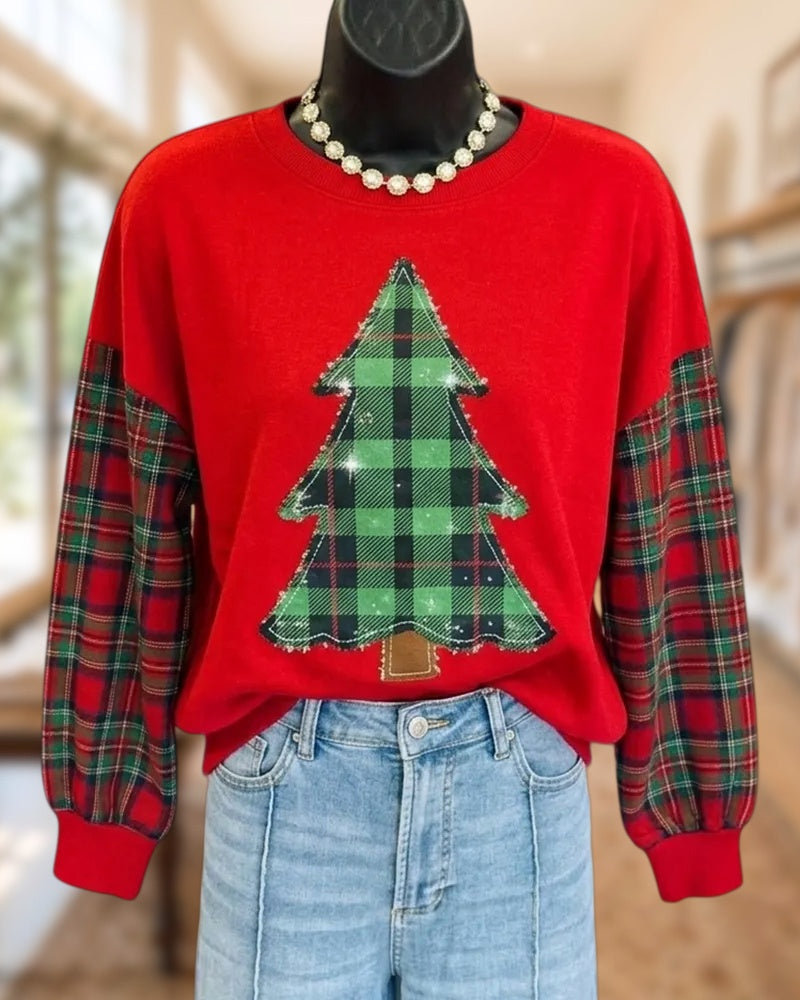 Plaid Sleeve Christmas Tree Applique Crew Neck Sweatshirt