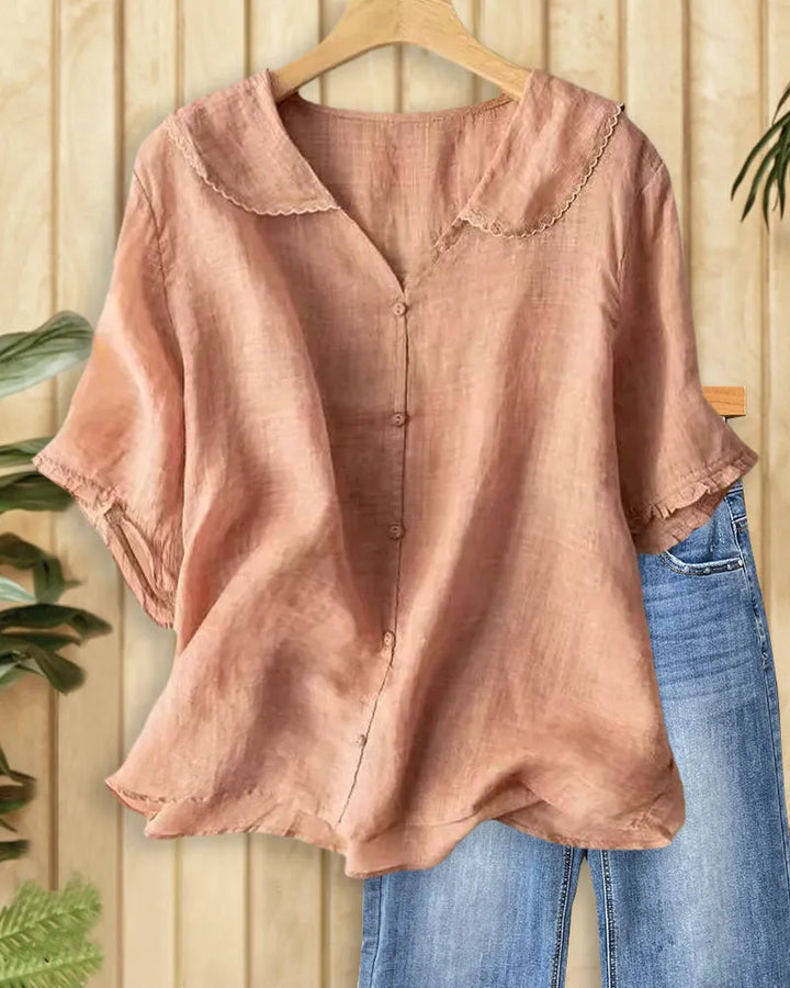 Solid Color Cute Doll Collar Button Front Blouse