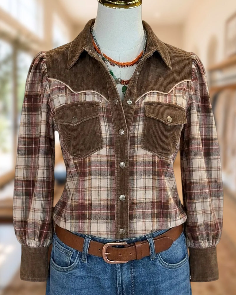 Corduroy Contrast Plaid Puff Sleeve Button Front Flap Pocket Shirt
