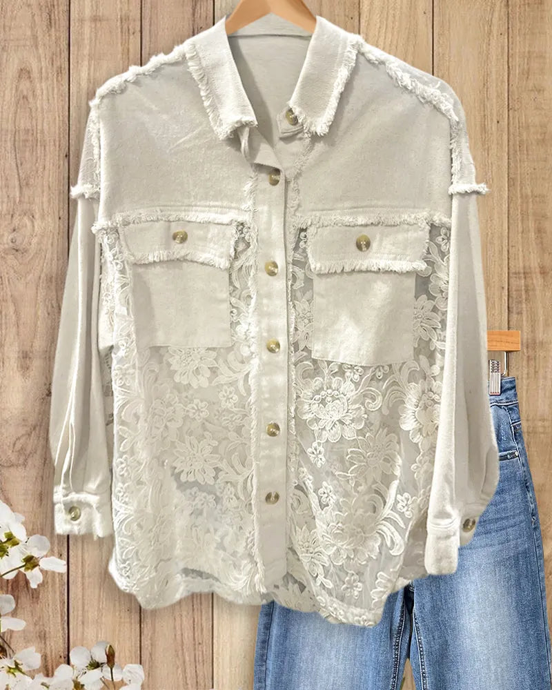Lace Panel Frayed Trim Flap Pocket Shirt