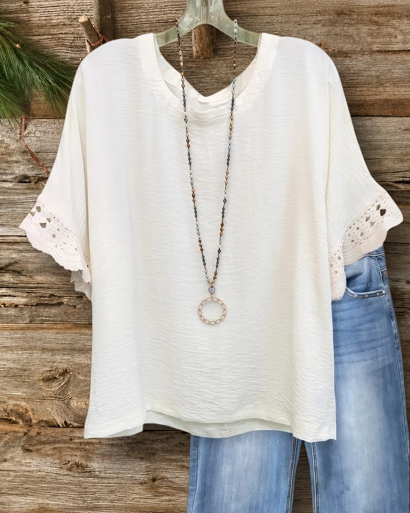 Solid Color V Neck Lace Trim Short Sleeve Casual Blouse
