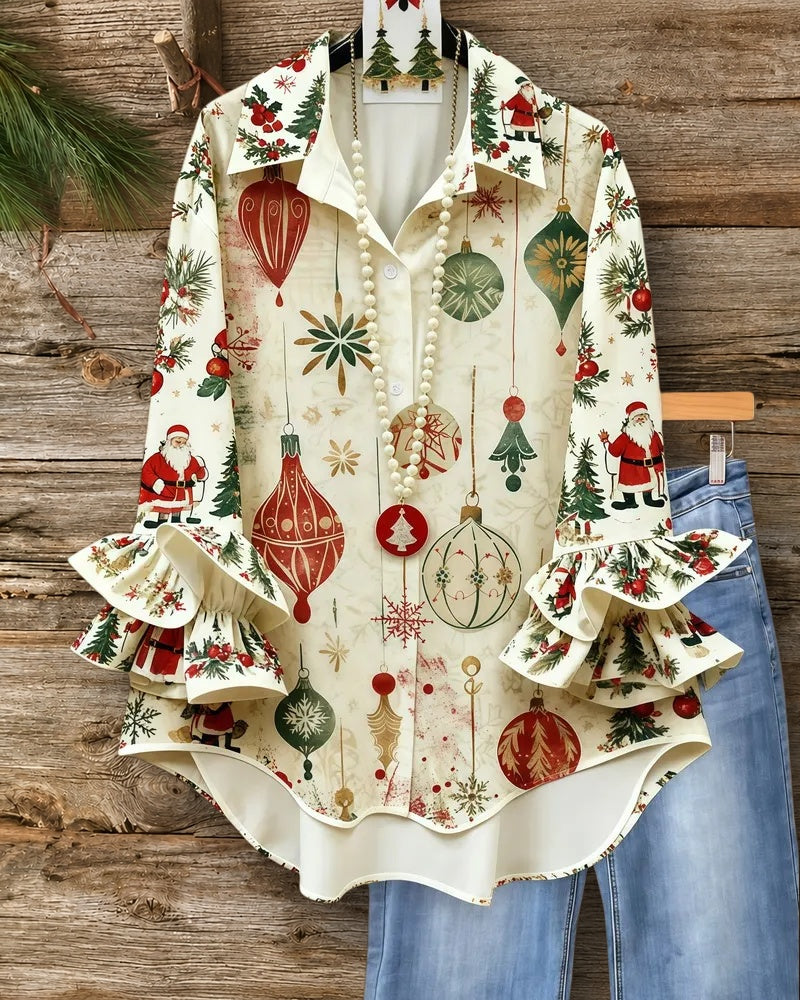 Christmas Print Ruffle Sleeve On-trend Button Up Blouse