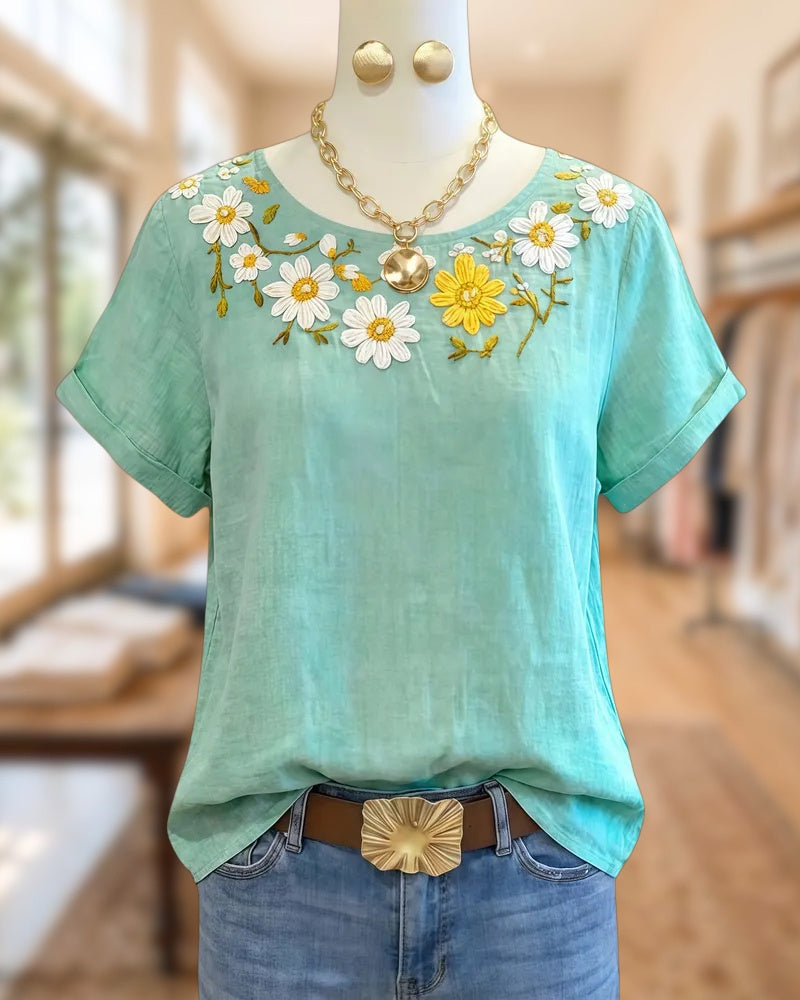 Floral Embroidery Round Neck Laid Back T-Shirt