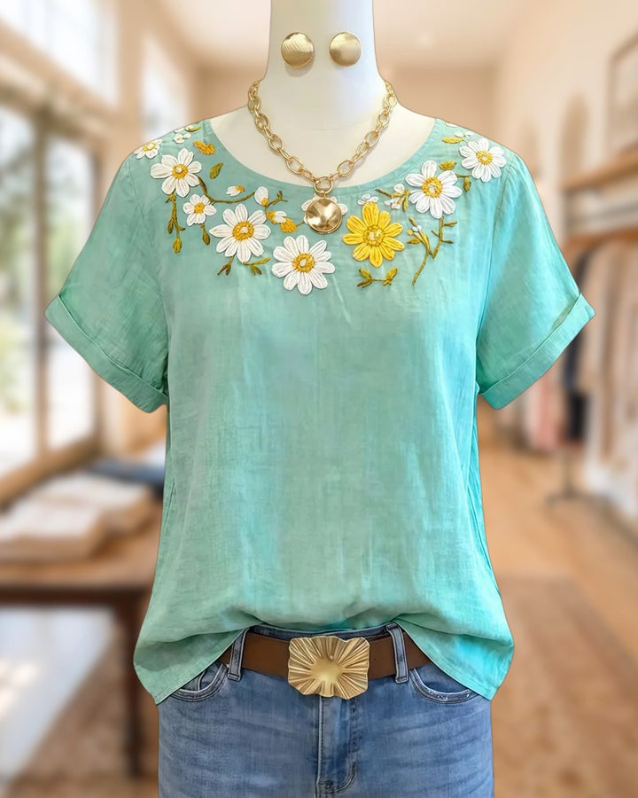Floral Embroidery Round Neck Laid Back T-Shirt