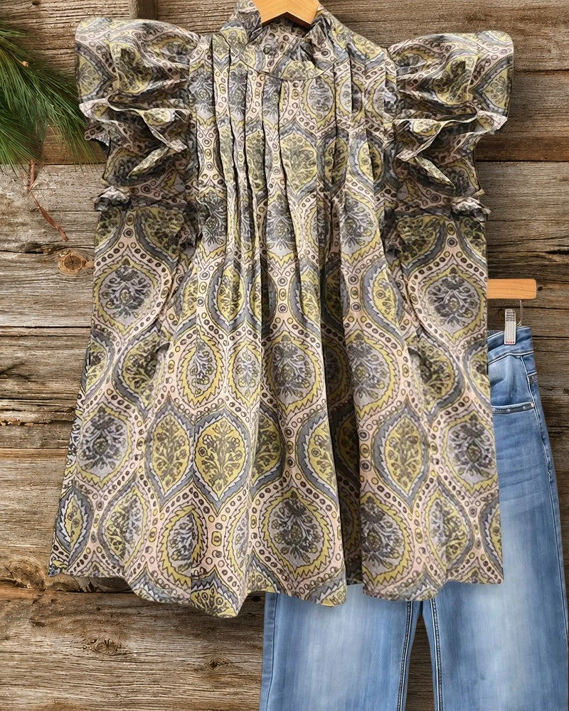 Tribal Print Pleated Detail Retro Ruffles T-Shirt