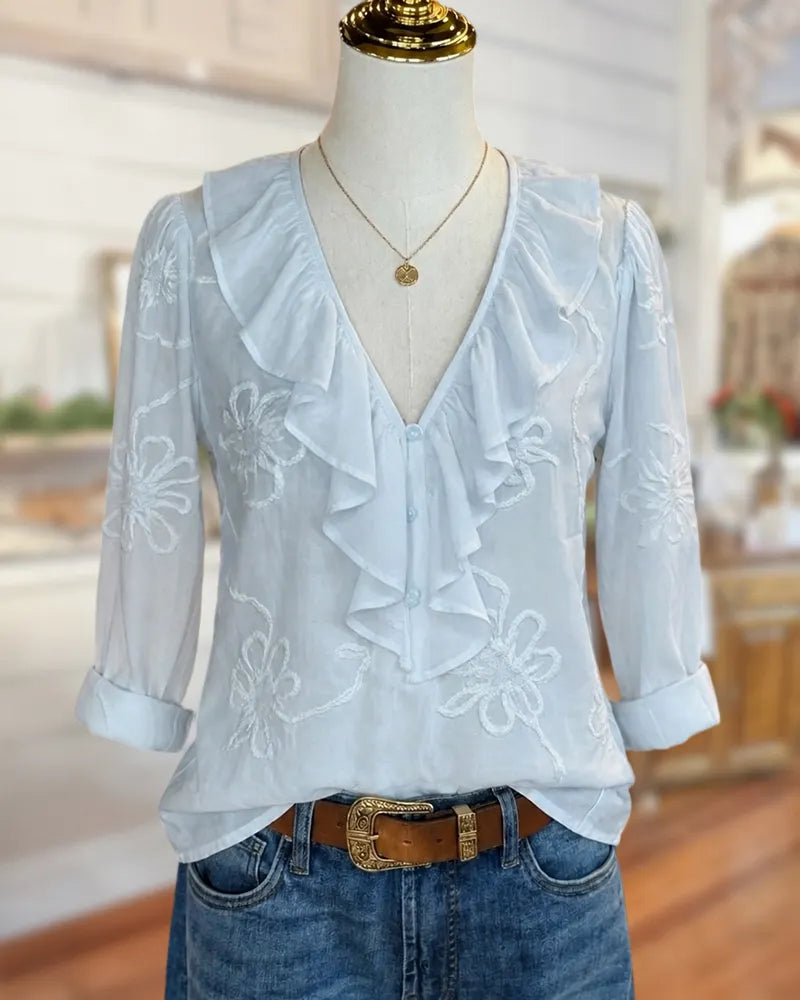 Ruffled V Neck Button Front Embroidered 3/4 Sleeve Blouse