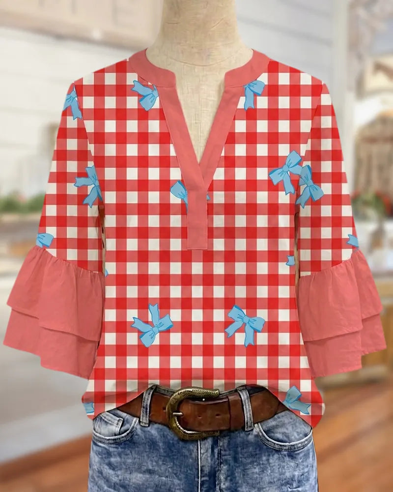 Polka Dot V Neck Tiered Flare Sleeve Casual Blouse