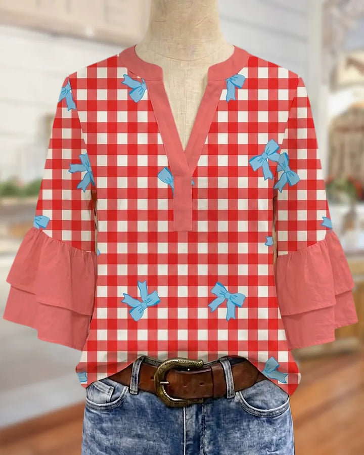 Polka Dot V Neck Tiered Flare Sleeve Casual Blouse