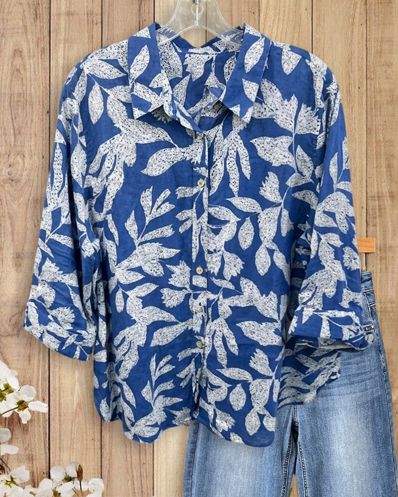 Lapel Leaf Print Rolled Sleeve Shirt