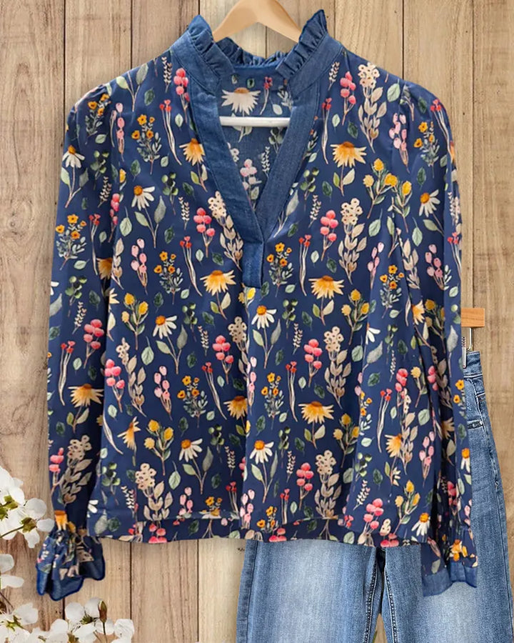 Floral Print Ruffle Trim V Neck Long Sleeve Blouse