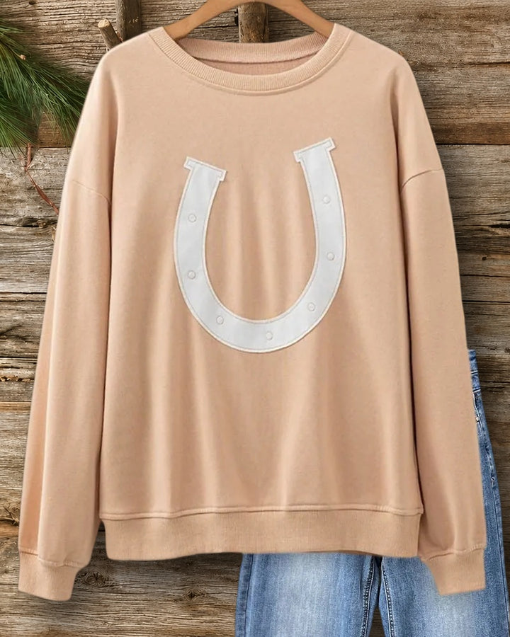 Horseshoe Applique Crew Neck Long Sleeve Western Sweatshirt