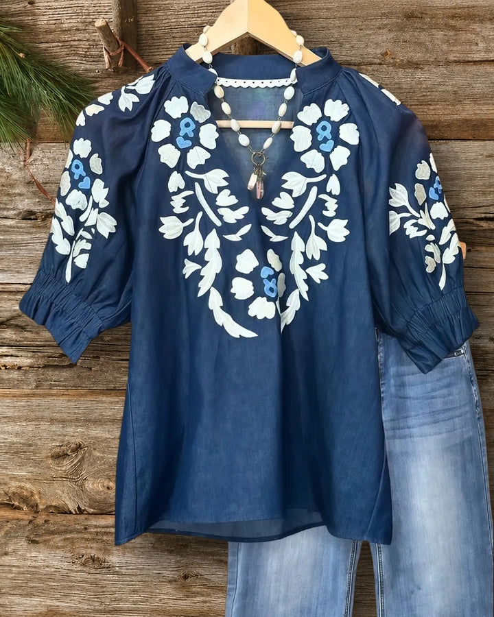 Floral Embroidery Glamorous V Neck Blouse