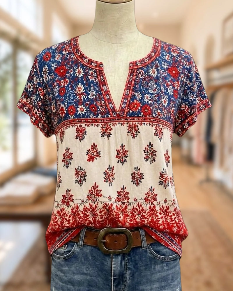 Split Neck Floral Print Short Sleeve Contrast Panel Casual Blouse