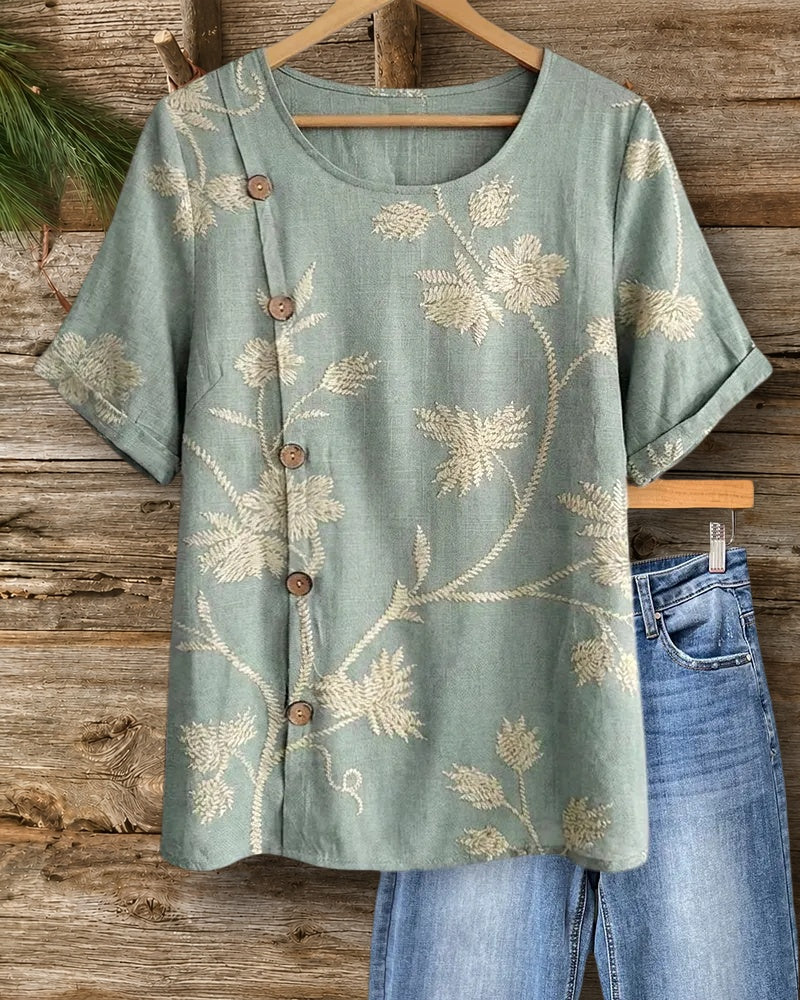 Floral Print Side Button Short Sleeve Round Neck Casual Blouse