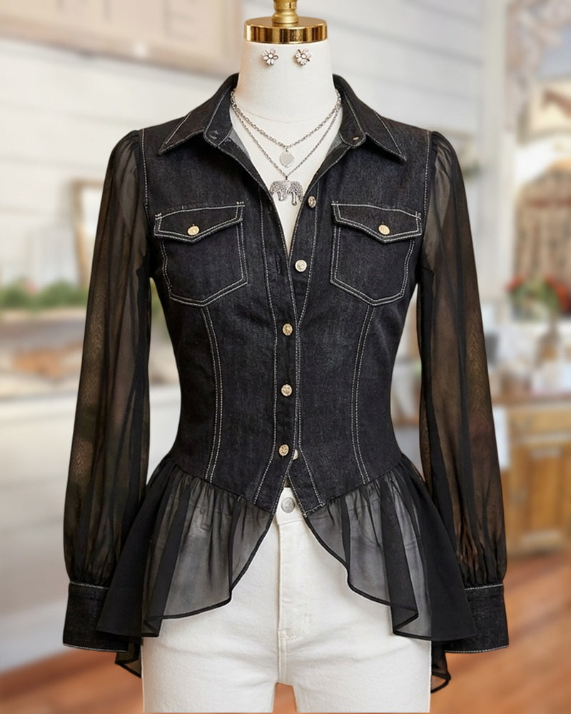 Sheer Long Sleeve Button Front Peplum Pocket Detail Collared Top