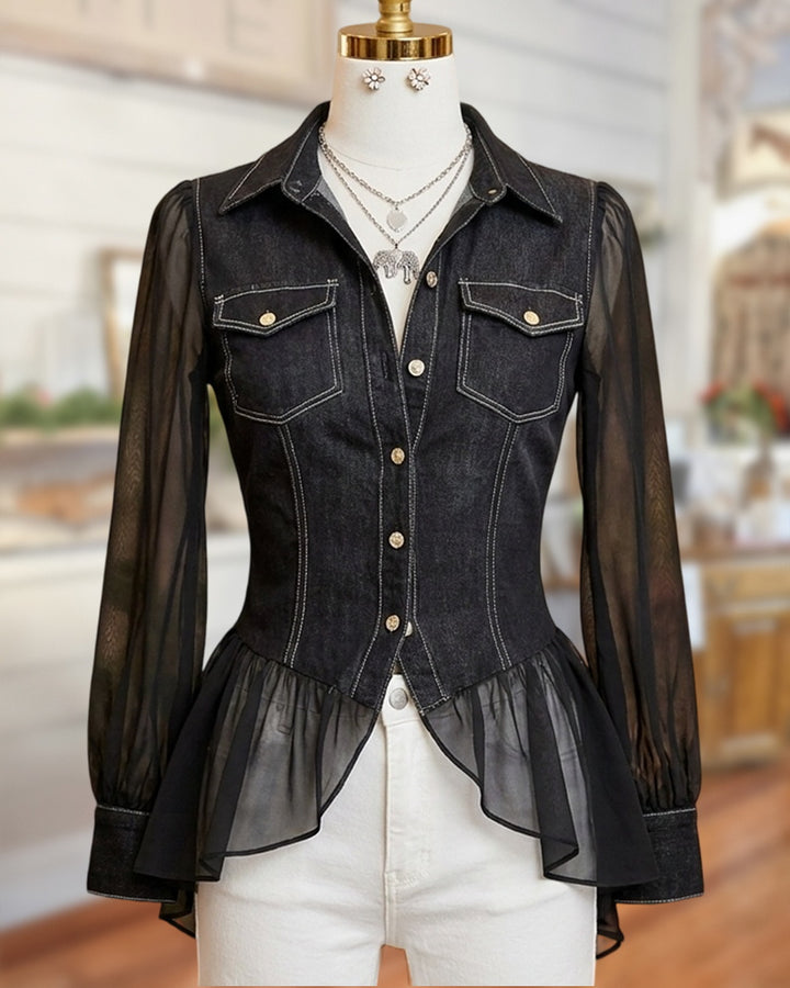 Sheer Long Sleeve Button Front Peplum Pocket Detail Collared Top