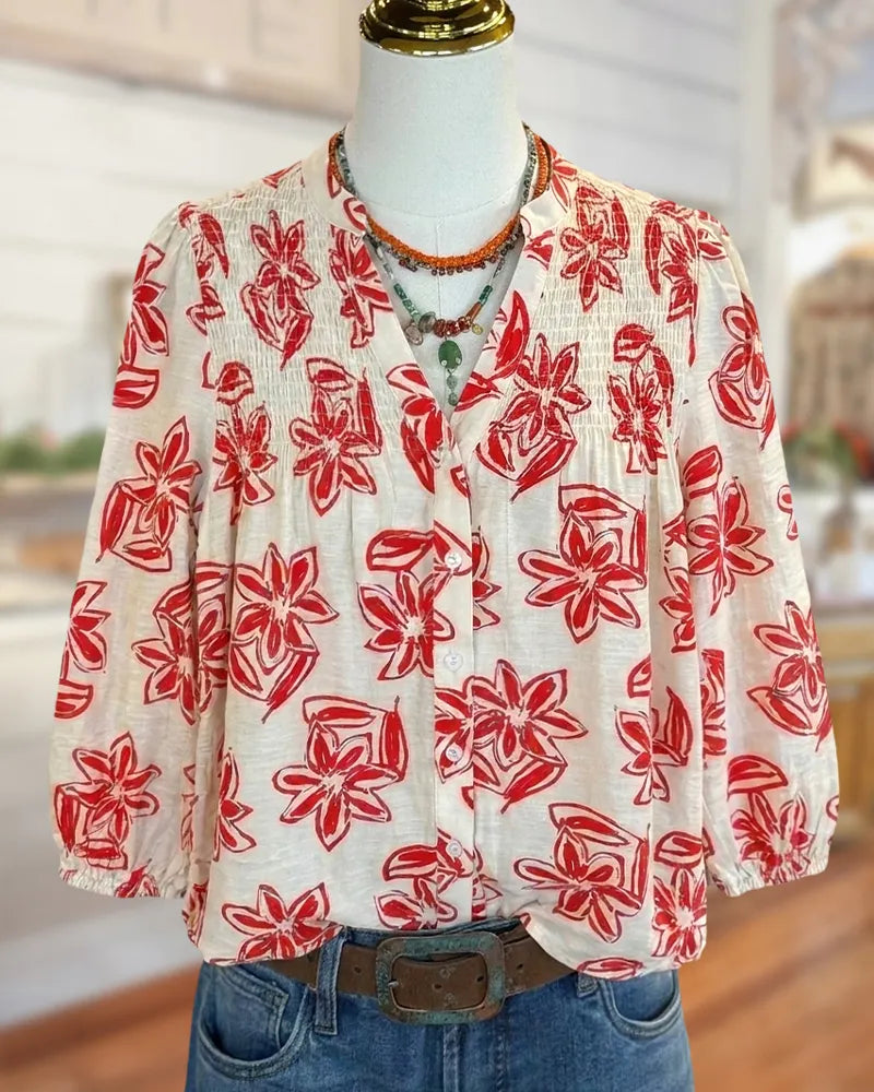 Floral Print Smocked V Neck Button Front 3/4 Sleeve Blouse