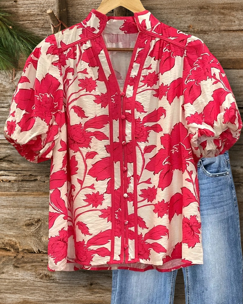 Floral Print On-trend Puff Sleeve Button Front Blouse