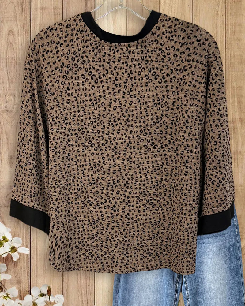 Leopard Print Contrast Trim 3/4 Sleeve Loose Fit Casual Blouse