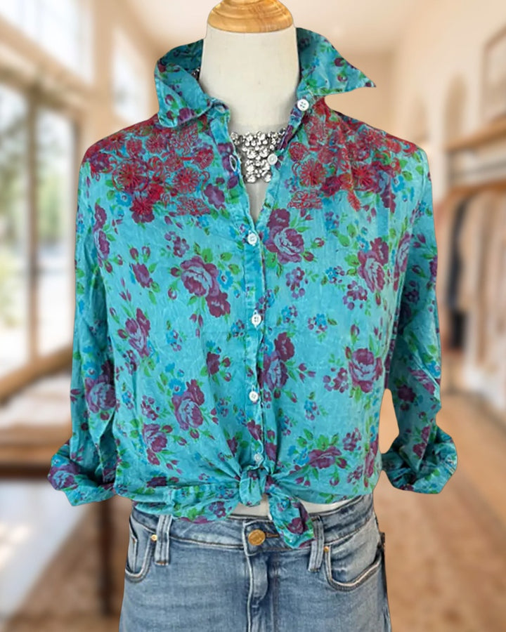 Floral Print Embroidered Collared Long Sleeve Button Up Feminine Shirt