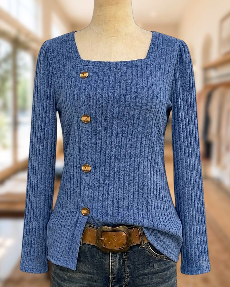 Square Neck Side Button Ribbed Long Sleeve Sweater