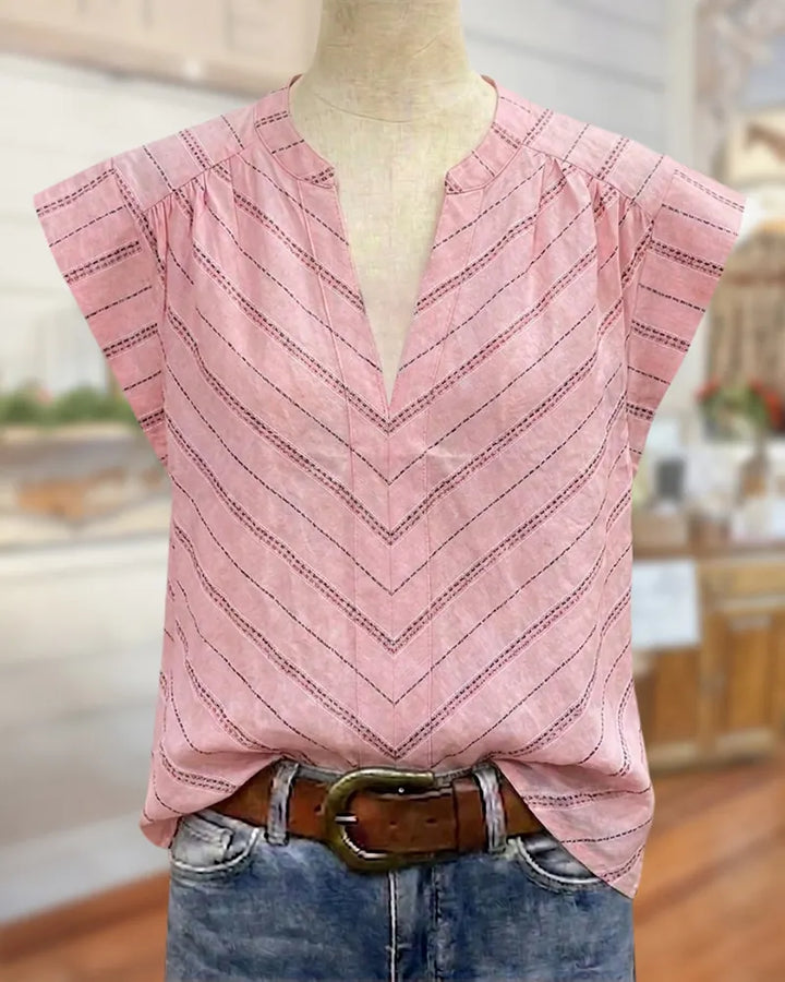 V Neck Cap Sleeve Chevron Striped Loose Casual Blouse