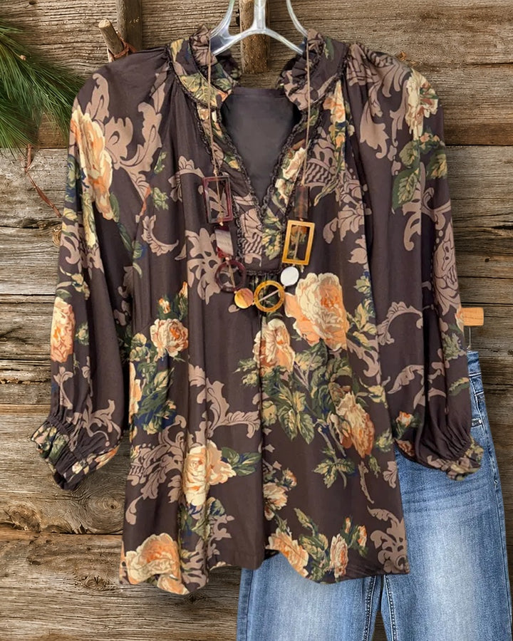 Vintage Ruffled V Neck Blouse