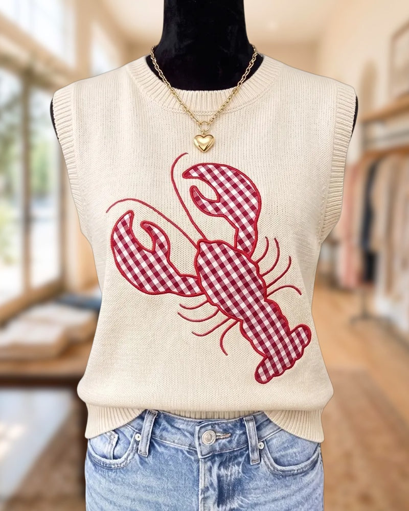 Sleeveless Crew Neck Plaid Lobster Applique Knit Vest