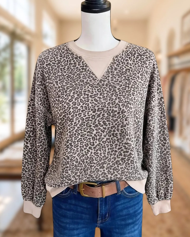 Leopard Print Boyish Round Neck Sweatshirt