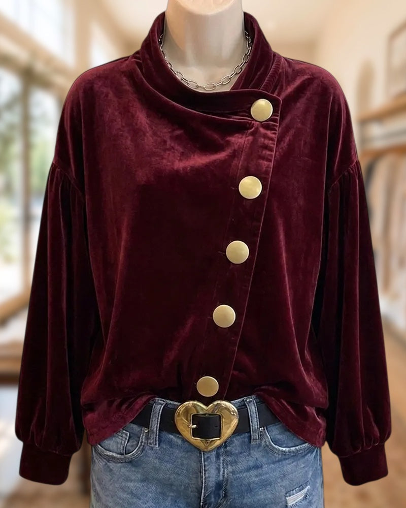 Velvet Solid Color Funnel Neck Asymmetric Button Long Sleeve Blouse