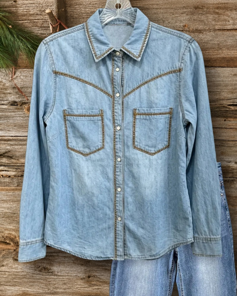 Contrast Stitching Button Front Chest Pocket Long Sleeve Shirt