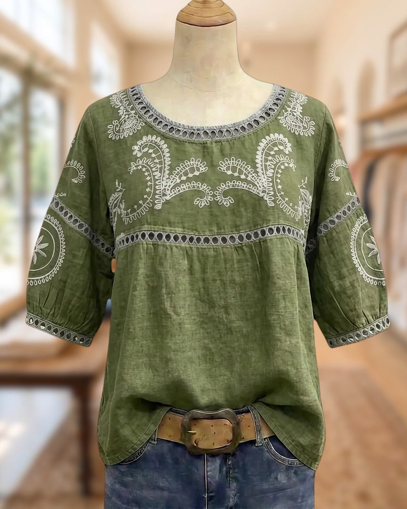 Paisley Embroidered Cutout Trim Half Sleeve Loose Fit Blouse