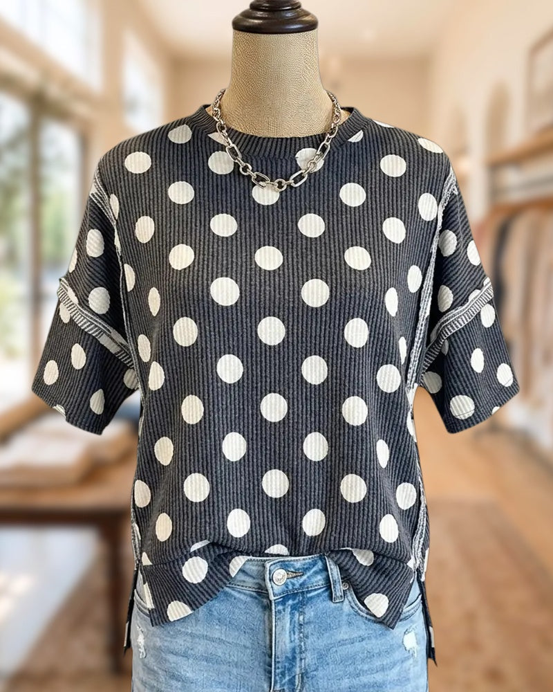 Polka Dot Ribbed Exposed Seam Crew Neck On-trend Top