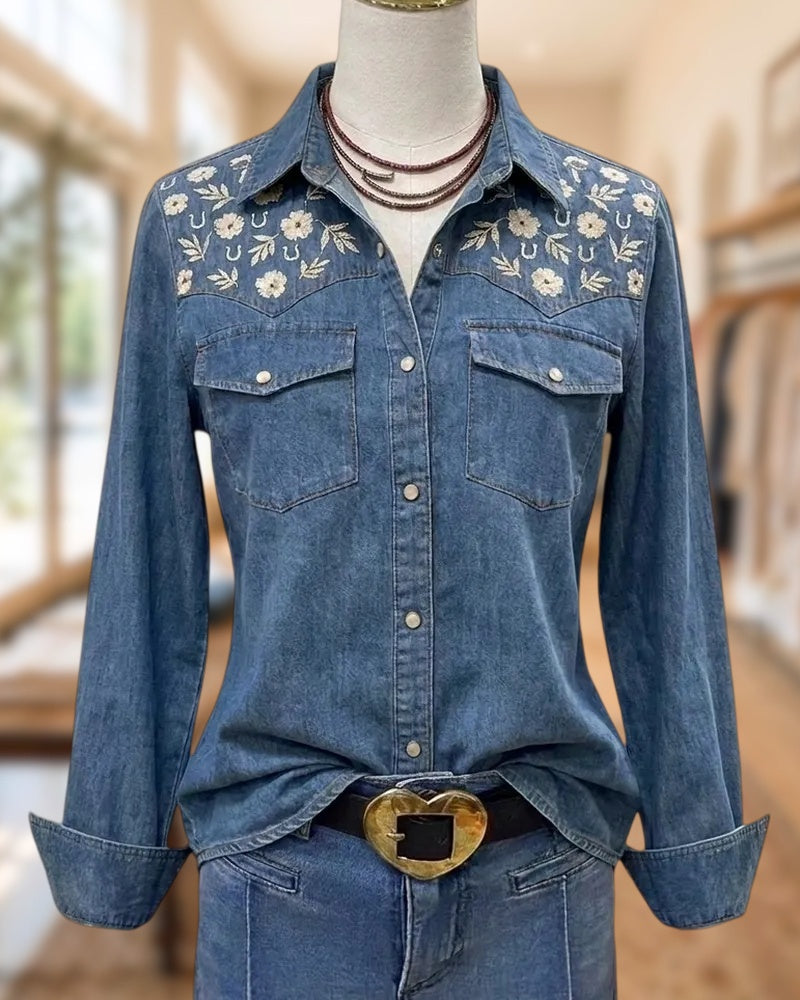Floral Embroidered Button Up Denim Shirt With Flap Pockets