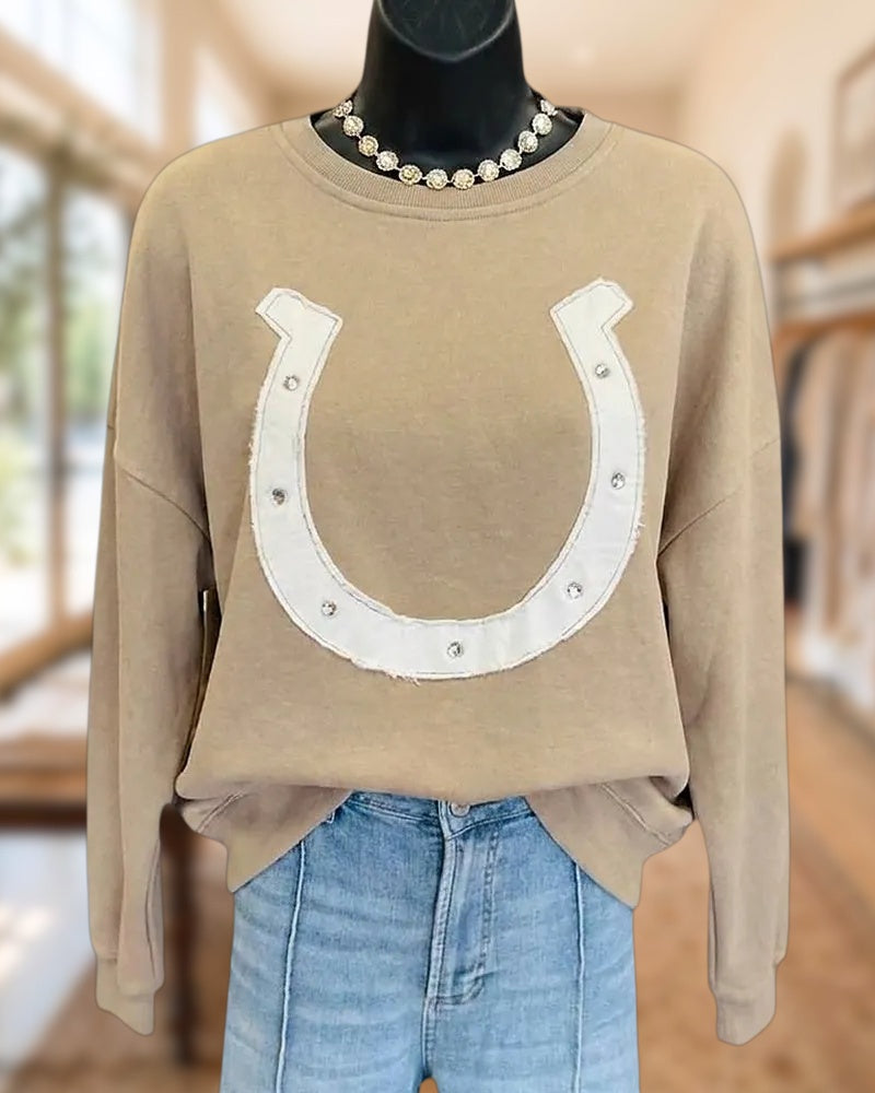 Horseshoe Applique Casual Drop Shoulder Long Sleeve Sweatshirt