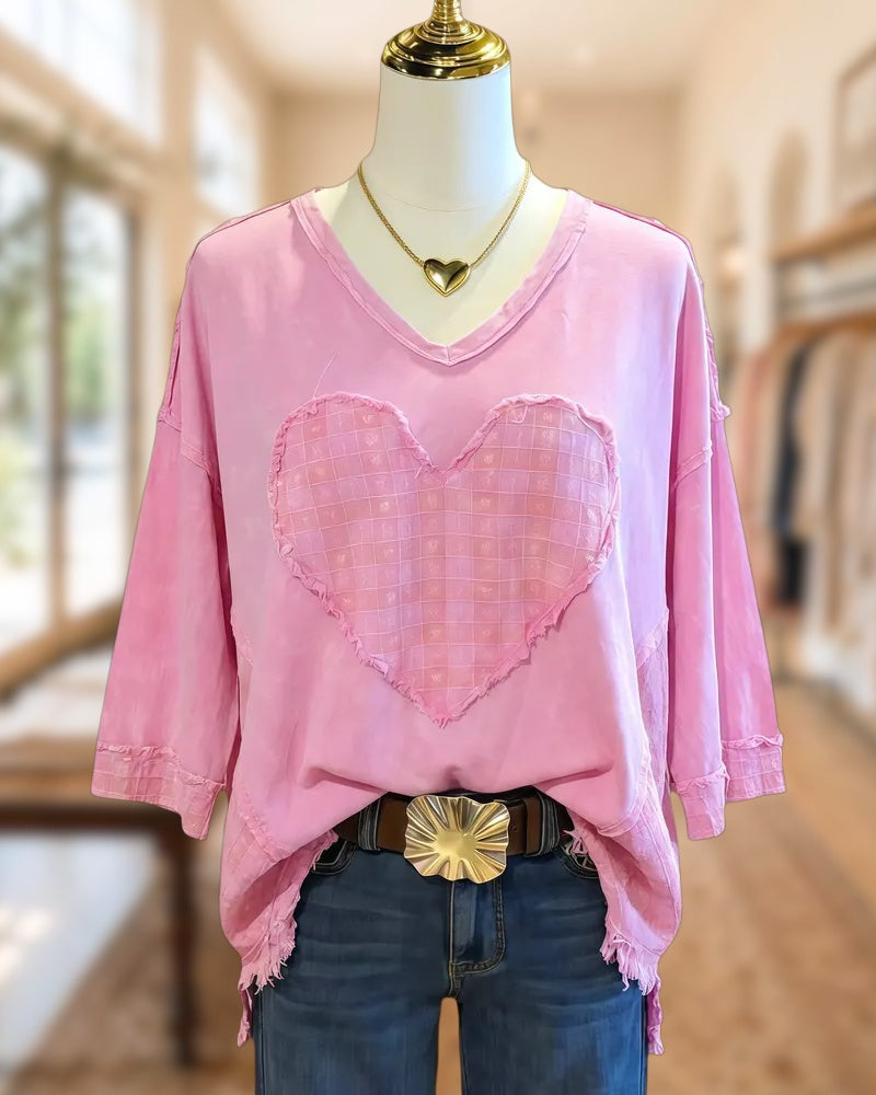 Heart Applique Preppy V Neck Patchwork Plaid Frayed Shirt