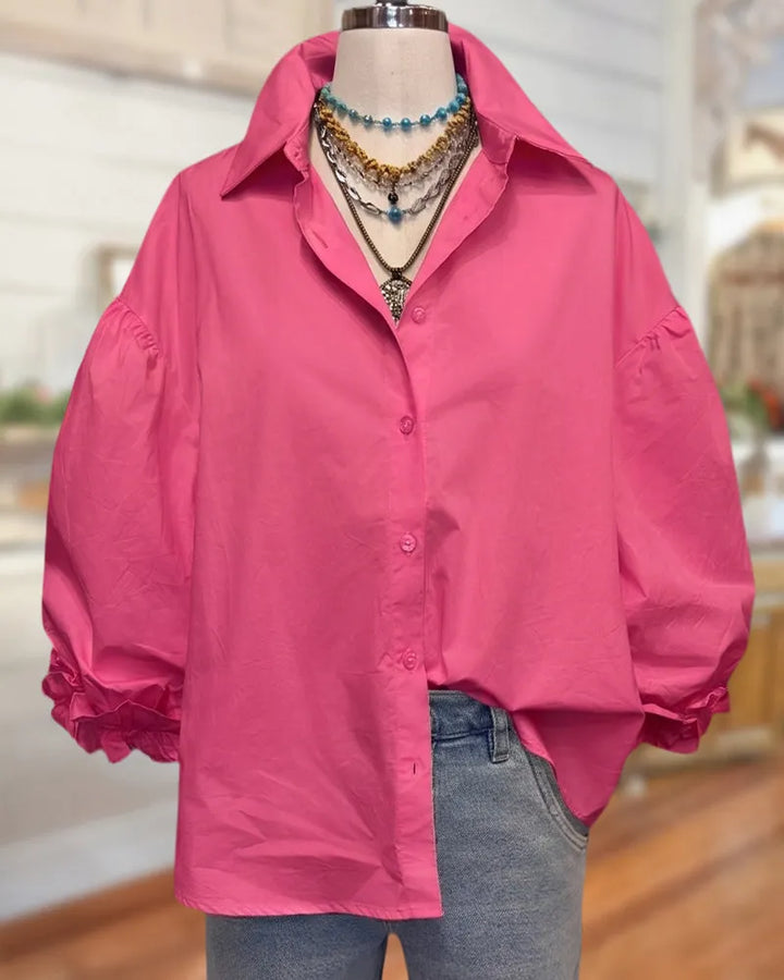 Collared Button Front Lantern Sleeve Solid Color Playful Shirt