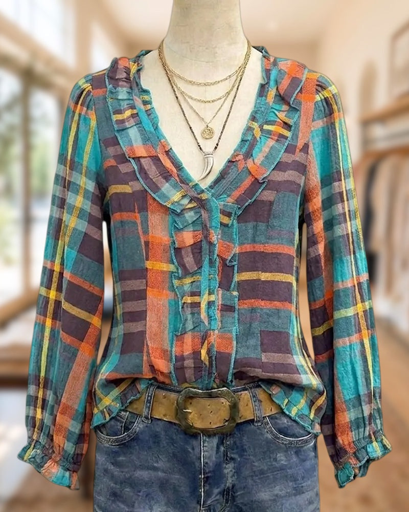 Plaid Ruffle Trim V Neck Long Sleeve Casual Blouse