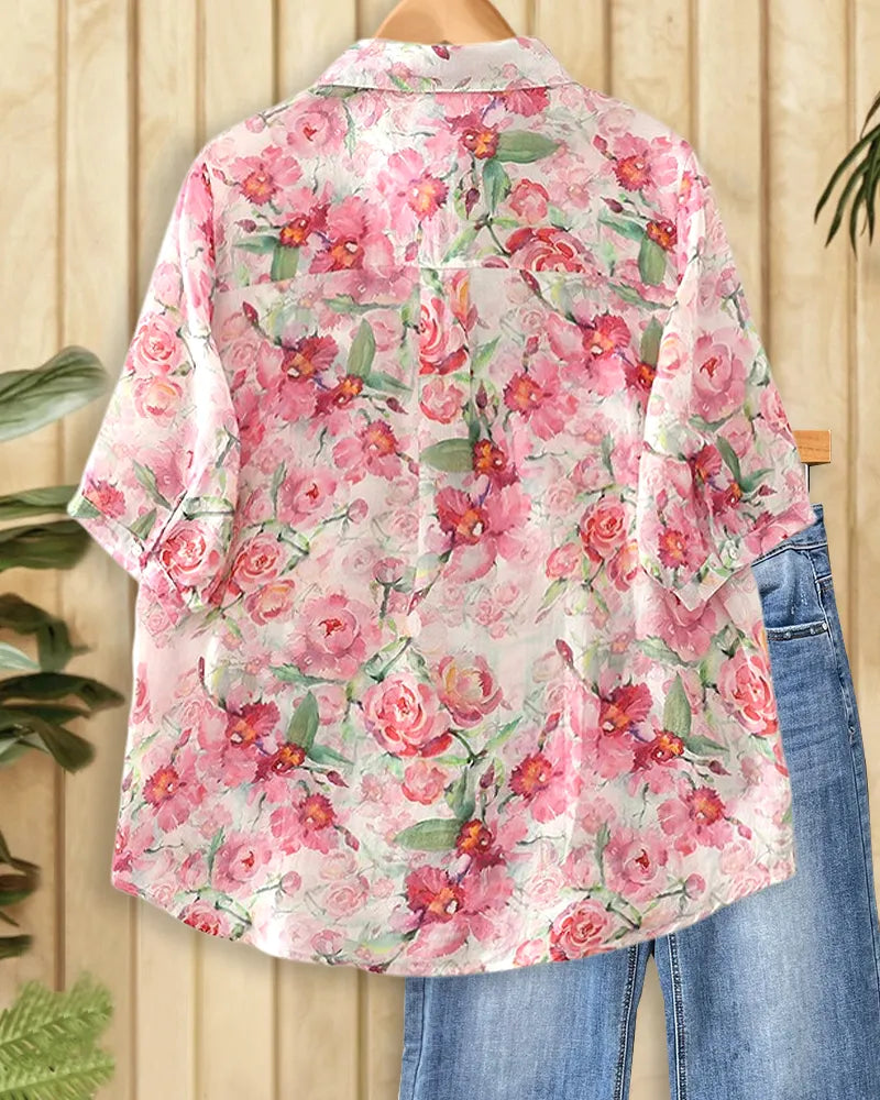 Floral Print Button Front Collared Short Sleeve Loose Shirt