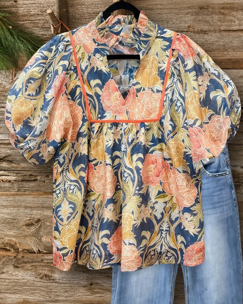 Floral Print Boho V Neck Puff Sleeve Blouse
