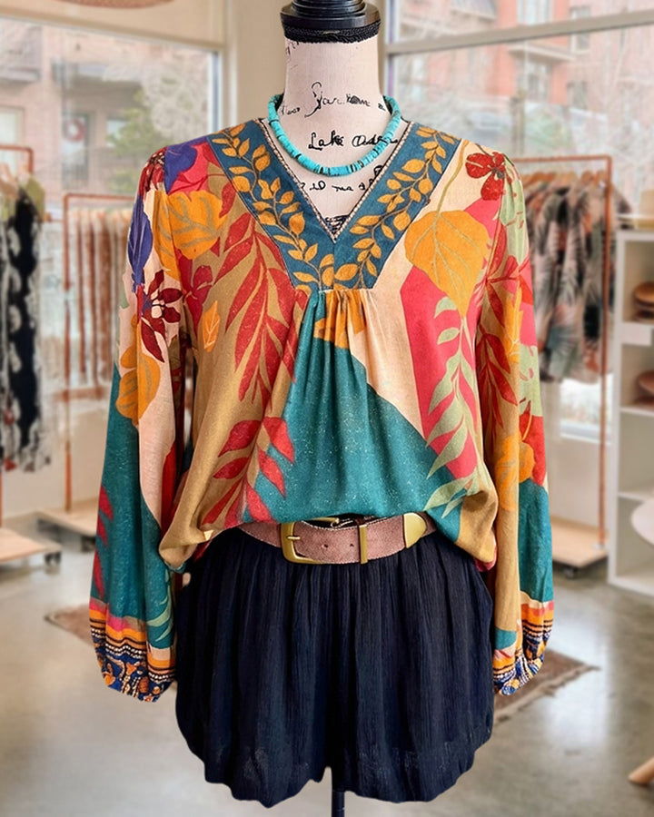Leaf Print Tropical V Neck Lantern Sleeve Blouse