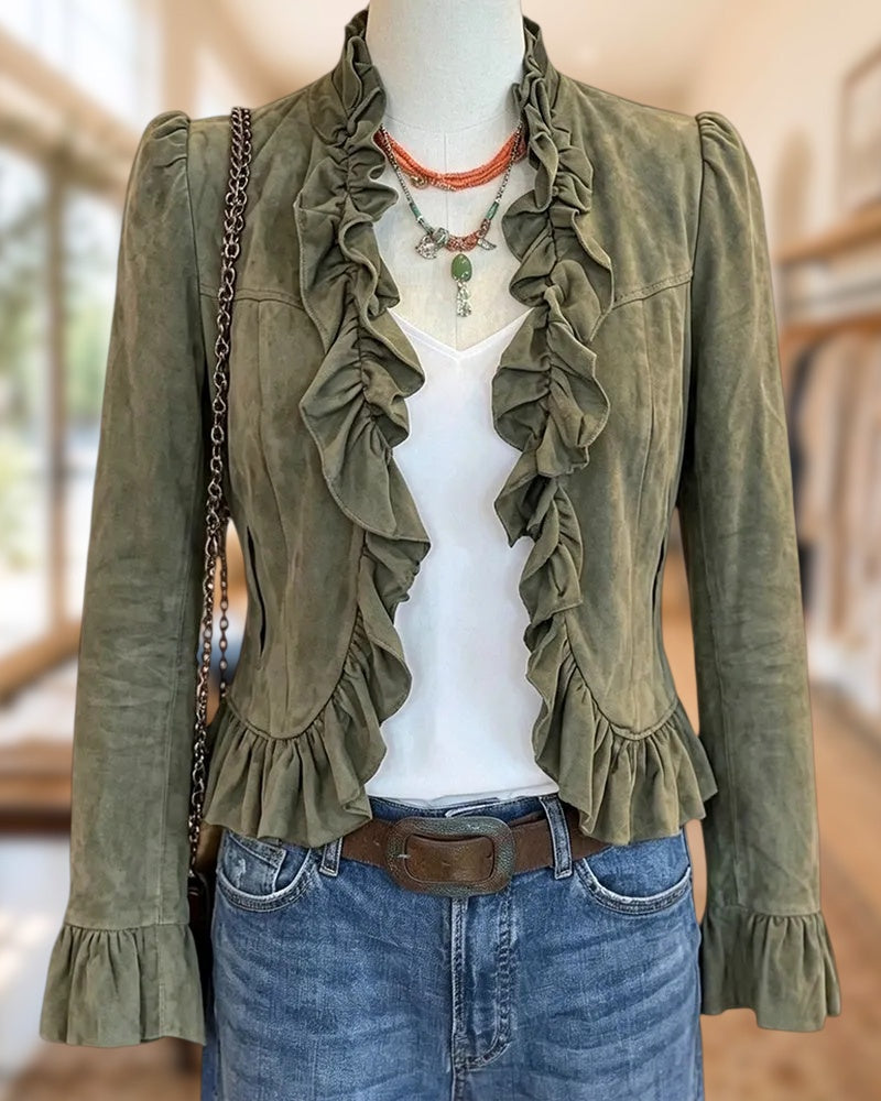 Ruffled Trim Puff Sleeve Open Front Cropped Suede Jacket