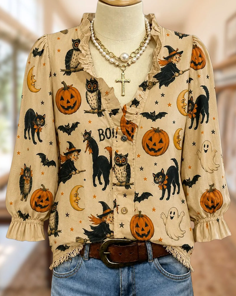 Halloween Print Ruffle Trim Button Front Tassels Hem Blouse